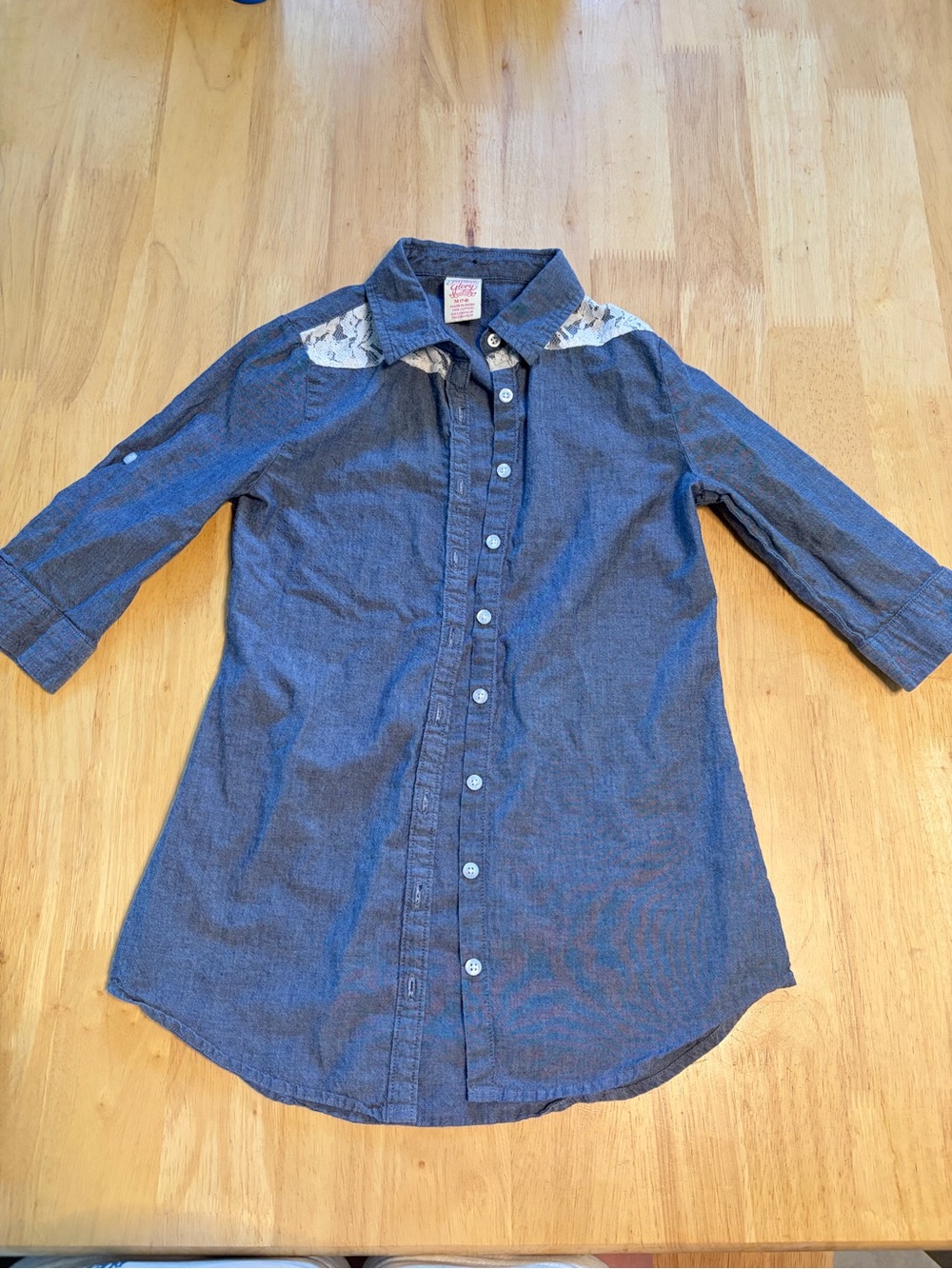 Faded Glory Blue Chambray Button-Front Shirt with Lace Yoke